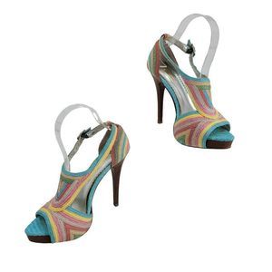 Report Signature Stiletto Heels 8 Pastel Rainbow Stripped Vegan Raffia Wood Heel